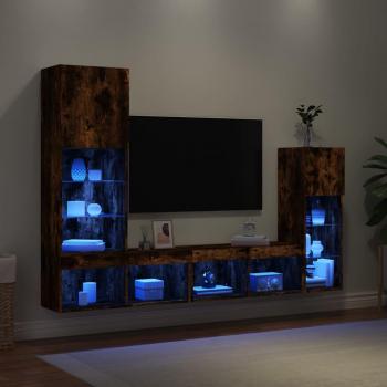 Ensemble Murale TV avec Éclairage LED 4 pcs Chêne Fumé