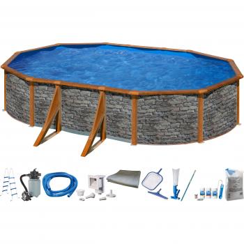 KONIFERA Ovalpool PANAMA 4 – 10‑Teilset mit Steindekor, 120 cm hoch