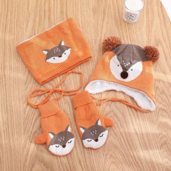 Knitted Fox Winter Set for Children: Beanie, Scarf, Gloves
