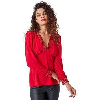Comfy V Neck Long Sleeves Evening Wear Sequin Trim Top