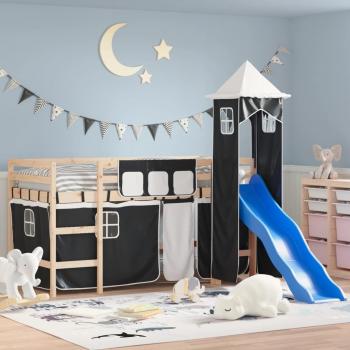 Letto a Soppalco per Bambini in Pino Bianco e Nero 90x200cm