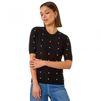 Women's Faux Pearl Accent Knit Top (Black)