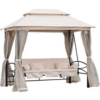 Outsunny Balancelle de Jardin 3 Places Convertible Style Colonial 5 Coussins Beige