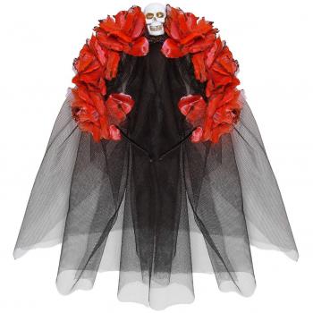 Voile noir fleurs rouges Dia de los Muertos