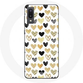 Capa protectora para Samsung Galaxy A02 con fondo artístico de corazones en colores negro, amarillo y gris