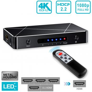4‑In‑1‑Out HDMI‑Switcher SGEYR – 4K HDR, 4‑Port, Fernbedienung