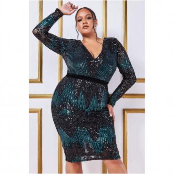 Goddiva Plus Size Long Sleeve Sequin Midi Dress