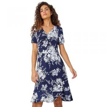 Floral Print Frill Hem Dress in Navy