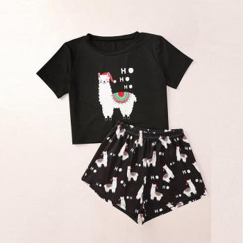 Frauen Weihnachts-Pyjama-Set mit lustigem Alpaka-Motiv und Shorts