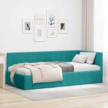 Cornice per letto a forma di L con testa in velluto turchese 100x200 cm