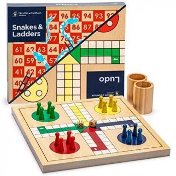 Yellow Mountain Imports 2-in-1 Reversible Wooden Snakes and Ladders, Ludo Game Set