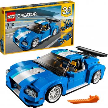 LEGO CREATOR 31070 Le Bolide Bleu, Chariot Élévateur, Voiture de Course – Cadeau