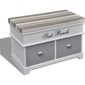 Elegant White Entryway Bench with Grey Cushion and Dual Storage Drawers