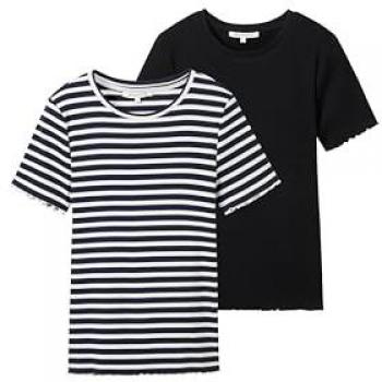Dark Blue Ribbed Short Sleeve T-Shirt – White Stripe (S, Women)
