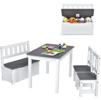 Set Infantil de Mesa y Sillas Costway, 4 Piezas, Mueble de Madera 2 en 1 para Jugar, Dibujar y Comer, Gris