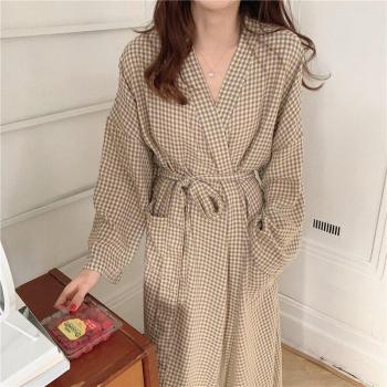 Spring Plaid Kimono Night Wear for Women, Japanese Style, Belted, Long Sleeve