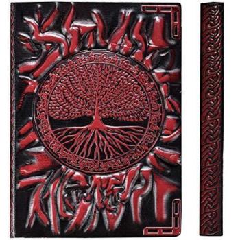 YHH Men/Women/Kids Journal, A5 Size, Hardbound Leather with Tree of Life Design, Dark Red