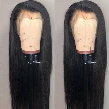 Peluca larga de malla con parte lateral, pelo recto negro, fibra resistente al calor