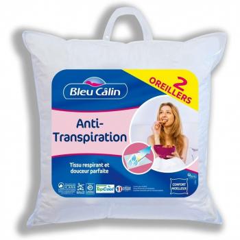 Oreillers TopCool Été Anti-Transpiration 60x60 cm Blancs Lot de 2 Bleu Câlin