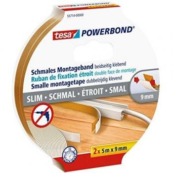 Tesa Powerbond Slim Double-Sided Tape, 5m x 9mm, White (2 Rolls)