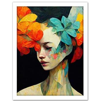Artery8 Feminine Floral Portrait Print – Orange & Teal Accent – 18 W × 24 H – Large Wall Decor
