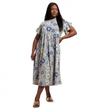 Midaxi Dress in Blue: Floral Print with Frilled Sleeves – Women’s