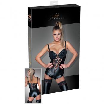 Noir Handcrafted Wet‑Look Body mit Frontreißverschluss und Spitzenfüßen – Schwarz, S