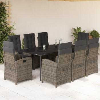 Set Tavolo e Sedie da Giardino 9 pz con Cuscini in Polyrattan Grigio