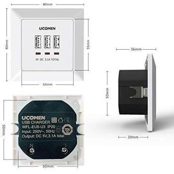 UCOMEN 3.1A Wandsteckdose mit 3 USB-Ports, Flush-Montage, für alle mobilen Geräte, weiß