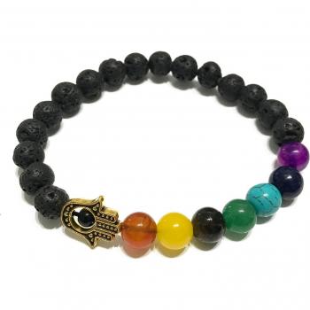 Chakra Lava Stone Bracelet with Hamsa