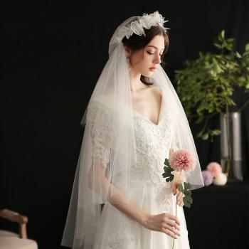 HONGFUYU Bridal Veil White Lace Flower Two Layers for Women V647