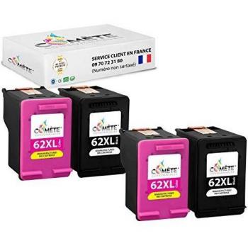 Pack de 4 cartouches d'encre noire et colorées compatibles avec HP 62 XL 62XL