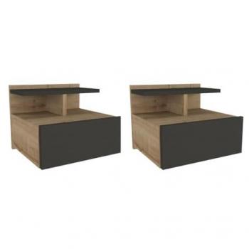 Design unico: Comodino Sospeso con cassetto in legno naturale + antracite – lotto di 2 unità (Azelno)
