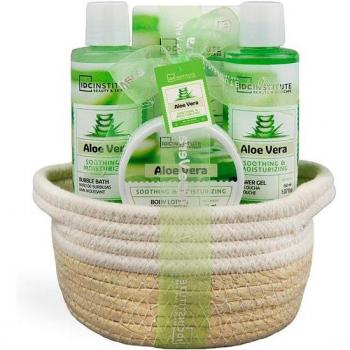 IDC INSTITUTE | SAL DE BAÑO SET DE REGALO CESTA COSMÉTICA 4 PIEZAS DE ALOE VERA