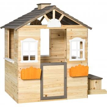 Outsunny Kinder Spielhaus aus Holz mit Fenster und Briefkasten, Gartenspielhaus mit Blumentopfrack für 3-7 Jahre