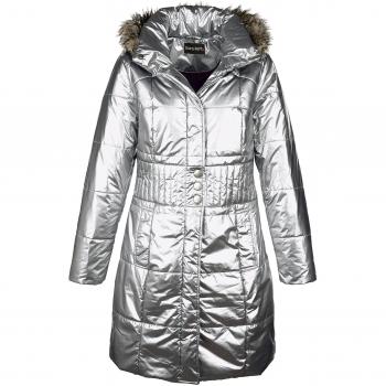 Modischer Silber-Mantel Damen – taillierte Silhouette, Steppung, Fellkapuze, Laura Kent Edition