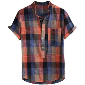 Camisa casual para hombre, cuello doblado, holgada, mezcla de algodón, manga corta