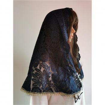 Mantilla en forme de D pour femme en dentelle marine