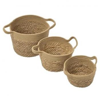 Set of 3 Natural Grass Baskets with Rope Handles