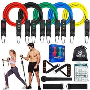 Bande de résistance avec 5 tubes de fitness, poignées, ancrage de porte, sangles de cheville et sac de transport pour sports intérieurs et extérieurs (BANDS6)