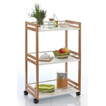 PEGANE Desserte de Cuisine à roulettes Blanc en Bambou, INOX, Plastique, H80 x P30 x L51 cm