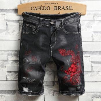 Men's Slim Straight Denim Shorts with Auspicious Cloud Dragon Embroidery, Casual Style