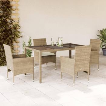 Juego de jardín 5 piezas con cojines de Polyrattan y mesa de vidrio