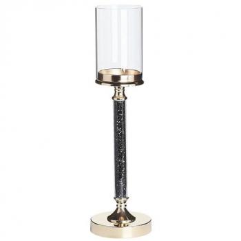 Portacandele Colonna in Metallo Oro e Nero con Paralume in Vetro 48 cm