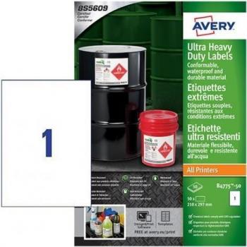 Avery Zweckform Ultra-Resistente Folien-Etiketten 210 x 297 mm, permanent haftend, weiß (B4775-50)