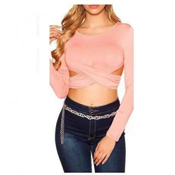 Crop Top mit Wickel‑Look, langärmt, bauchfrei – S/M