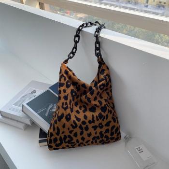 Warm Soft Corduroy Leopard Handbag with Chain