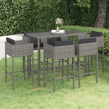 Pack Bar et Accèsoires Patio 7pcs + Coussins Gris – Résine Tressée (VidaXL)