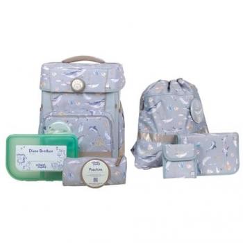SCHOOL-MOOD® Schulrucksack Champion (Set, 7-tlg., mit Turnbeutel, Etui, Schlamperrolle, Brustbeutel, Brotdose, Patchies), 21 Liter, für Grundschule