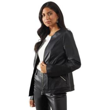 Women's Black Faux Leather Collarless Seam Detail Jacket Size 14 UK